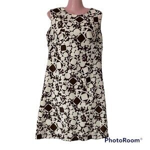 Vintage 60s Shift Dress Bust 36 Mod Abstract Klopman Whipped Cream Brown White